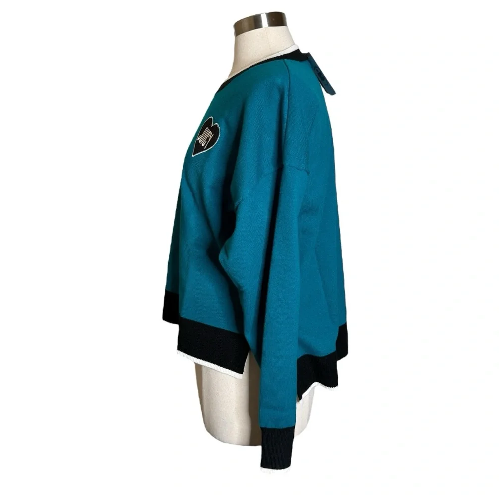 Juicy Couture Crew Neck Long Sleeve Pullover Heart Sweater Teal Womens Large New